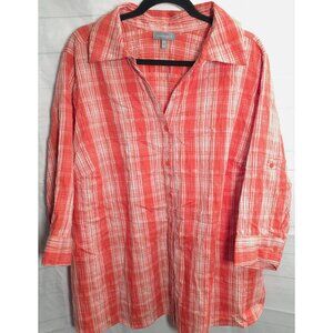 Essentials Top Womens Plus Size 3X XXX Plaid Button-Down Roll Tab Sleeves Shirt